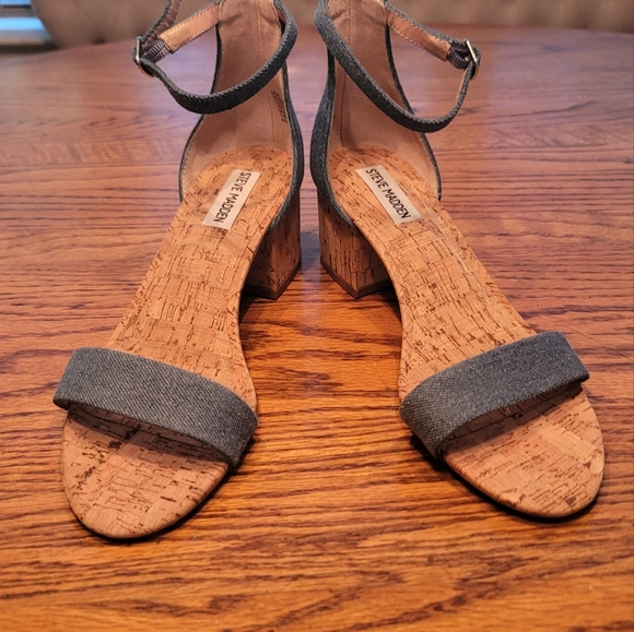 Steve Madden Blue Denim Block Cork Open Toe Shoes Heels Sandals - Picture 8 of 9